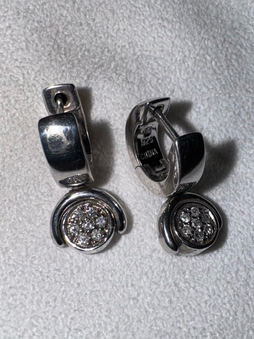 Stunning Sterling Tiny Button Diamond Mini Huggie Earrings - Signed